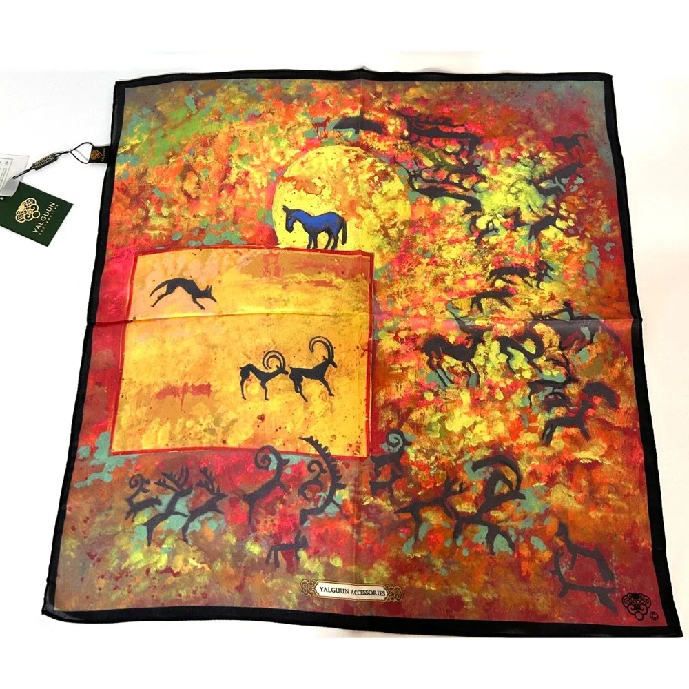 NWT Yalguun 100% Pure Silk Scarf Bag Decorative Accessories Art Horse Goat 20X20